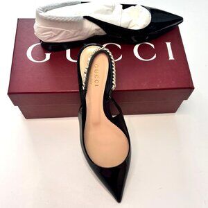 Gucci Signoria Pointed Toe Slingback Flats Black Leather Women Shoes Size 38